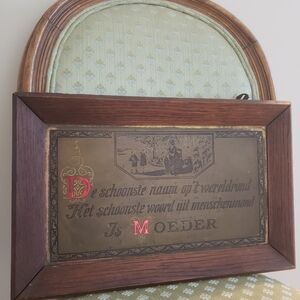 Antique Wood Brass Dutch Quote Sign Plaque Holland Decor Schoonste Naam Moeder